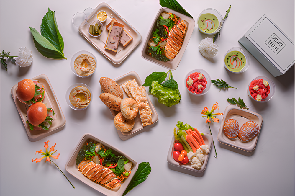 An arrangement of small bite plates like bread, vegetables, and chicken on a white background