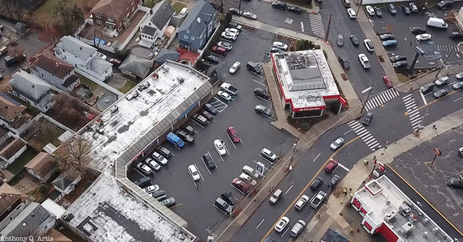 Aerial View of Staten Island parking lot on former site of Cherry Lane Cemetery