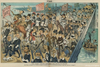 A cartoon of crowds walking over the Brooklyn Bridge on opening day